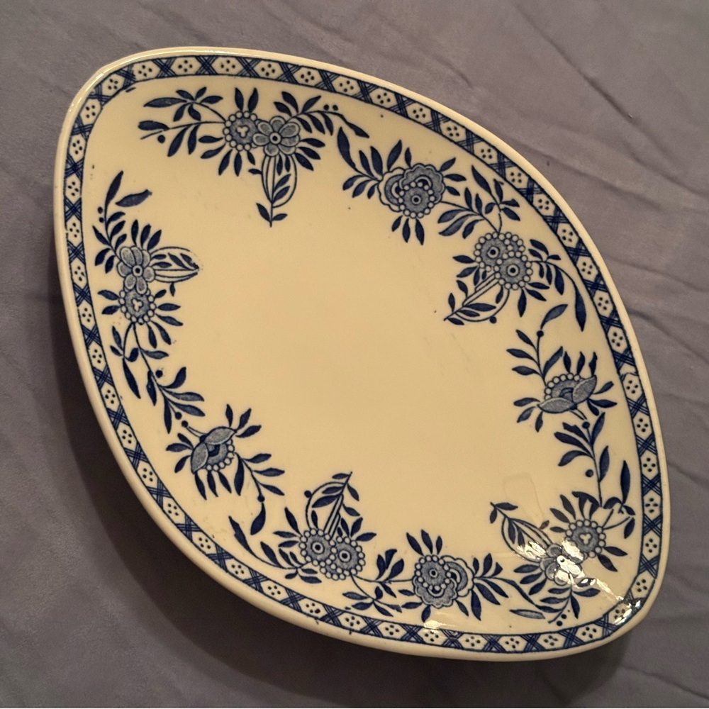 JACKSON China White and Blue Oval Pedestal Dish